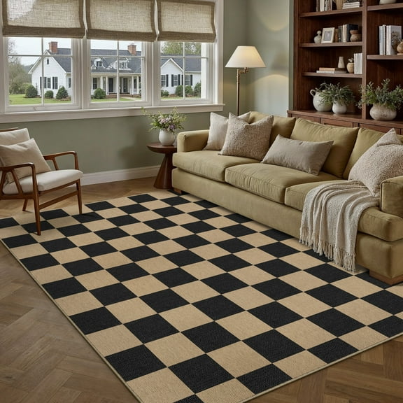 WIPONKEN 6'x9' Easy Jute Checkered Area Rugs for Living Room Bedroom Office Washable Non-Slip Outdoor Patio Rug Farmhouse Contemporary Morden Geometric Indoor Carpet, Black