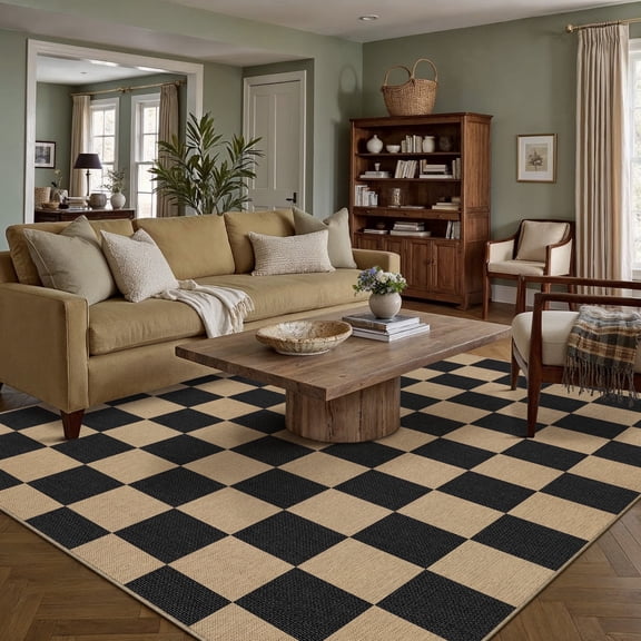 WIPONKEN 6'x9' Easy Jute Checkered Area Rugs for Living Room Washable Indoor Outdoor Non-Slip Carpet for Living Room, Bedroom, Patio Farmhouse Style with Neutral Geometric Rug
