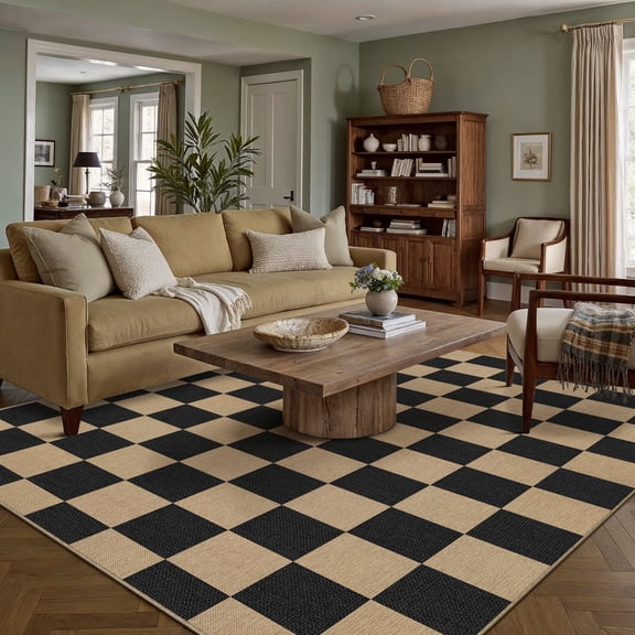 WIPONKEN 6'x9' Easy Jute Checkered Area Rugs for Living Room Washable Indoor Outdoor Non-Slip Carpet for Living Room, Bedroom, Patio Farmhouse Style with Neutral Geometric Rug