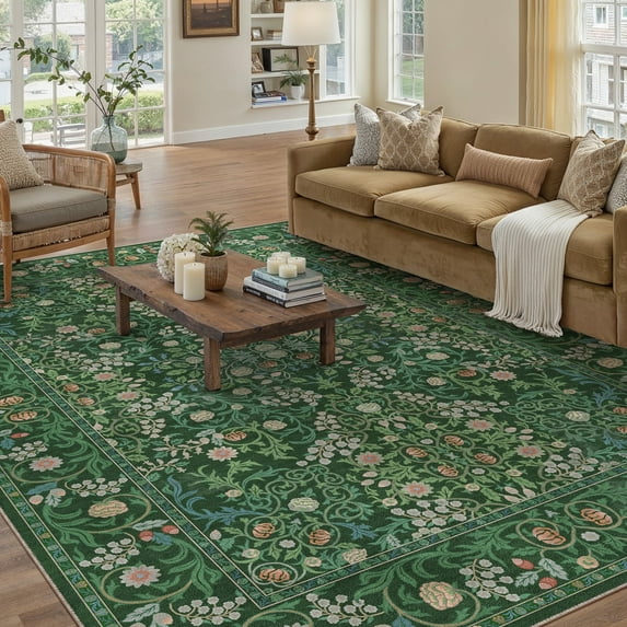 WIPONKEN 6x9 Area Rugs Morris Carpet for Living Room Bedroom Dining Room Office Farmhouse, Machine Washable Non Slip Vintage Persia Rug Green