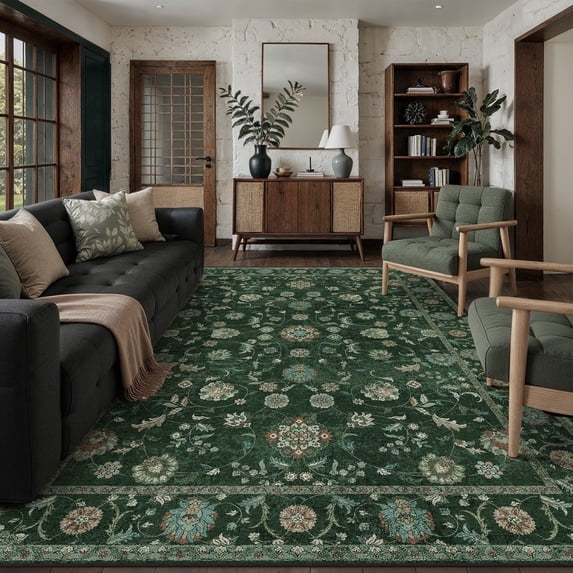 WIPONKEN 6x9 Area Rugs Morris Carpet for Living Room Bedroom Dining Room Office Farmhouse, Machine Washable Non Slip Vintage Persia Rug Green