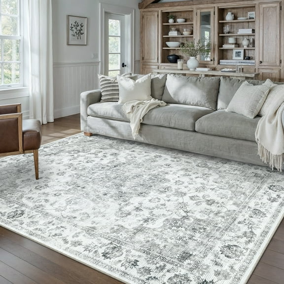 WIPONKEN 6x9 Area Rugs for Living Room Bedroom Dining Room Office Farmhouse, Machine Washable Non Slip Vintage Persia Rug Gray