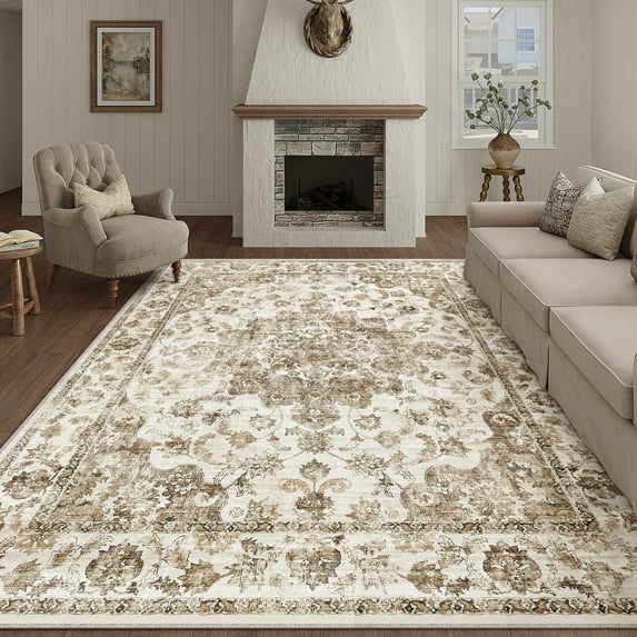 WIPONKEN 6x9 Area Rugs for Living Room Bedroom Dining Room Office Farmhouse, Machine Washable Non Slip Vintage Persia Rug Brown