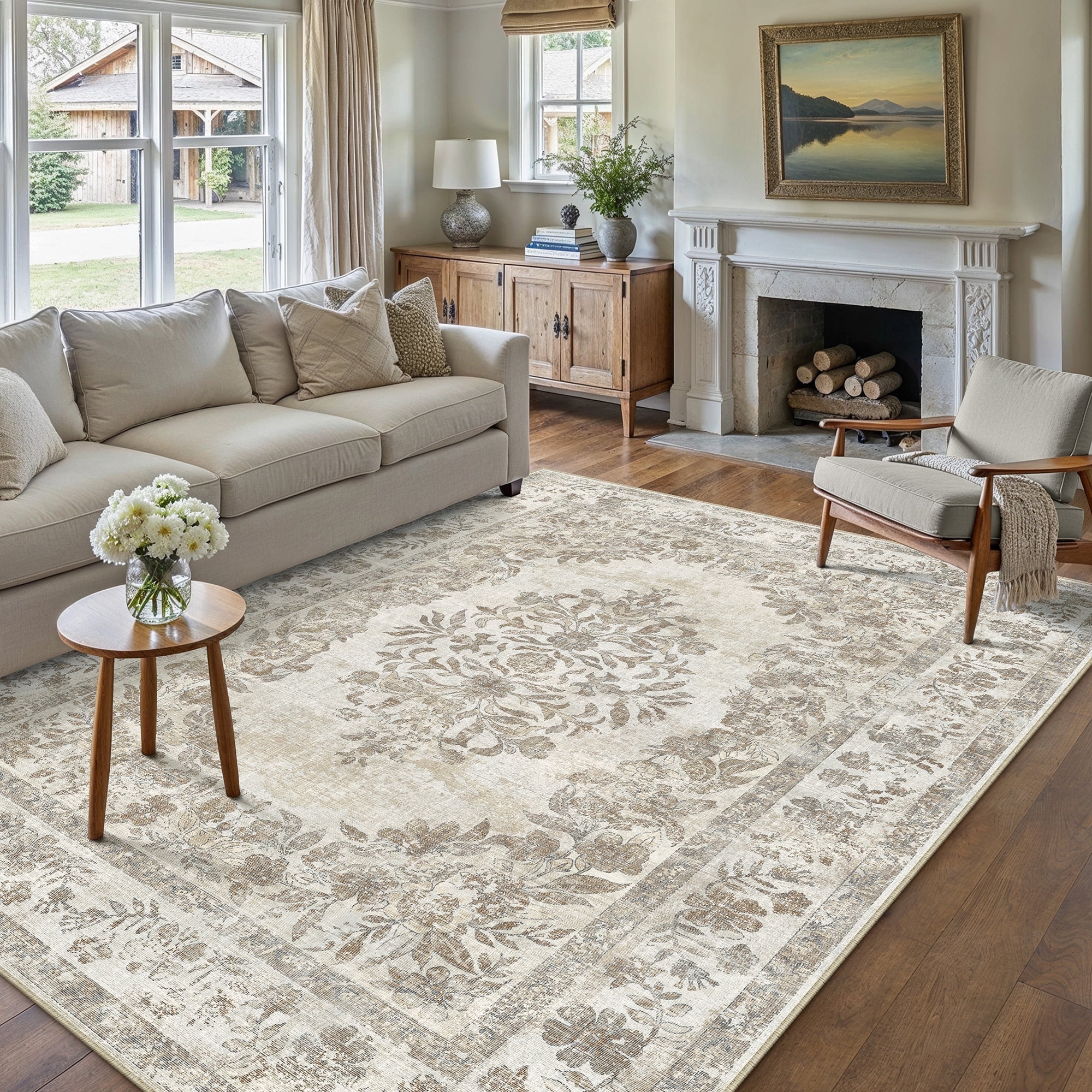 WIPONKEN 6x9 Area Rugs for Living Room Bedroom Dining Room Office Farmhouse, Machine Washable Non Slip Vintage Persia Rug Beige