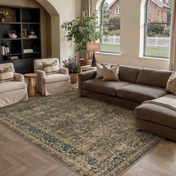 WIPONKEN 6x9 Area Rugs for Living Room Bedroom Dining Room Office Farmhouse, Machine Washable Non Slip Vintage Persia Rug Brown