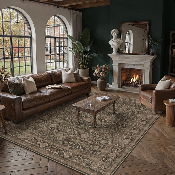 WIPONKEN 6x9 Area Rugs for Living Room Bedroom Dining Room Office Farmhouse, Machine Washable Non Slip Vintage Persia Rug Brown