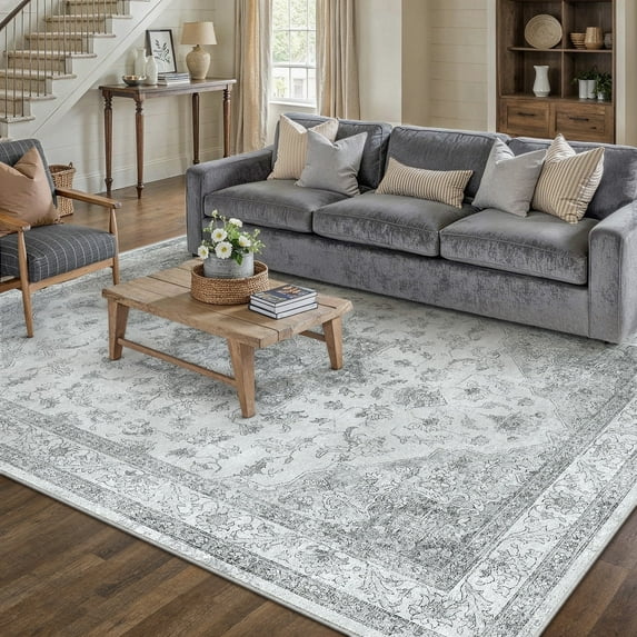 WIPONKEN 6x9 Area Rugs for Living Room Bedroom Dining Room Office Farmhouse, Machine Washable Non Slip Vintage Persia Rug Gray
