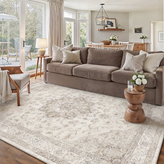WIPONKEN 6x9 Area Rugs for Living Room Bedroom Dining Room Office Farmhouse, Machine Washable Non Slip Vintage Persia Rug Beige