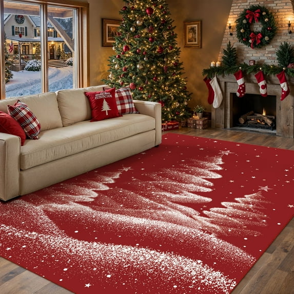WIPONKEN 6x9 Christmas Rug,Christmas Tree Soft Indoor Floor Carpet, Non-Slip Modern Holiday Decor for Living Room Bedroom,Red Festive Accent