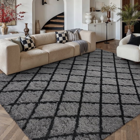 WIPONKEN 6x9 Checkered Shag Rug for Living Room Bedroom Dining Room Office Farmhouse Contemporary Modern Washable None-slip Geometric Area Rug Soft Indoor Fluffy Rugs, Gray