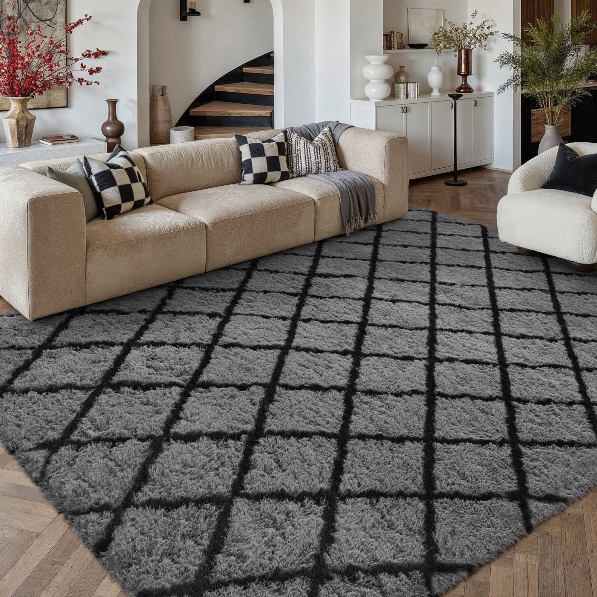 WIPONKEN 6x9 Checkered Shag Rug for Living Room Bedroom Dining Room Office Farmhouse, Washable Noneslip Area Rug Soft Indoor Fluffy Rugs, Gray