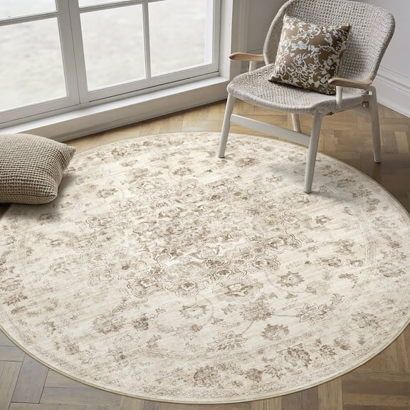 WIPONKEN 8'Round Rugs for Living Room Bedroom Dining Room Office Farmhouse, Machine Washable Non Slip Vintage Persia Rug Beige