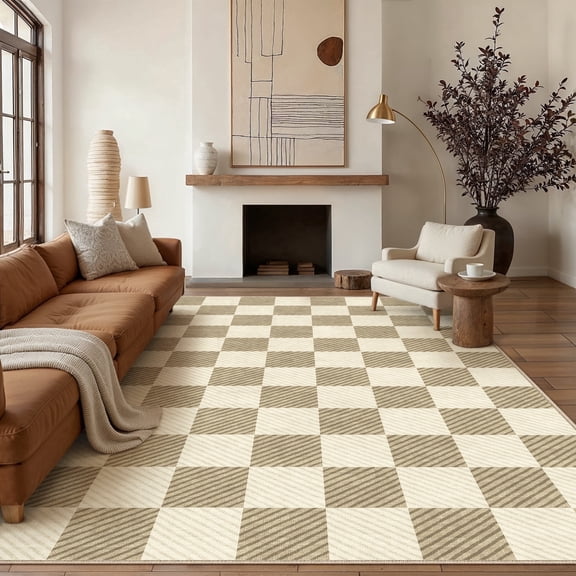WIPONKEN 8'x10' Area Rugs for Living Room Large Checkered Modern Brown Rugs for Bedroom Office Machine Washable Farmhouse Dining Room Geometric Contemporary Rugs Non Slip Rugs