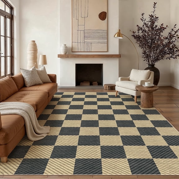 WIPONKEN 8'x10' Area Rugs for Living Room Large Checkered Modern Black and Brown Rugs for Bedroom Office Machine Washable Farmhouse Dining Room Geometric Contemporary Rugs Non Slip Rugs