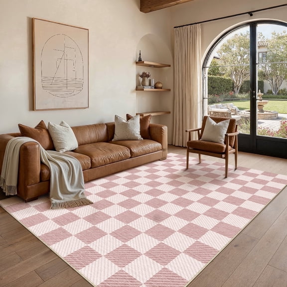 WIPONKEN 9'x12' Large Area Rugs for Living Room Bedroom Office Pink Checkered Modern Non Slip Washable Geometric Contemporary Farmhouse Dining Room Rugs