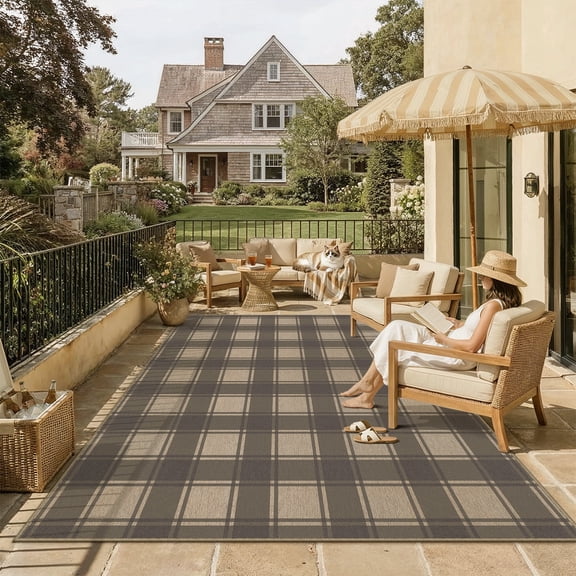 WIPONKEN 8'x10' Large Checkered Easy Jute Area Rugs for Living Room Washable Outdoor Patio Rugs Indoor Carpet for Farmhouse Neutral Geometric Non Slip, Brown Checkered