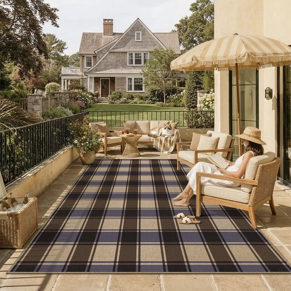 WIPONKEN 8'x10' Large Checkered Easy Jute Area Rugs for Living Room Washable Outdoor Patio Rugs Indoor Carpet for Farmhouse Neutral Geometric Non Slip, Blue