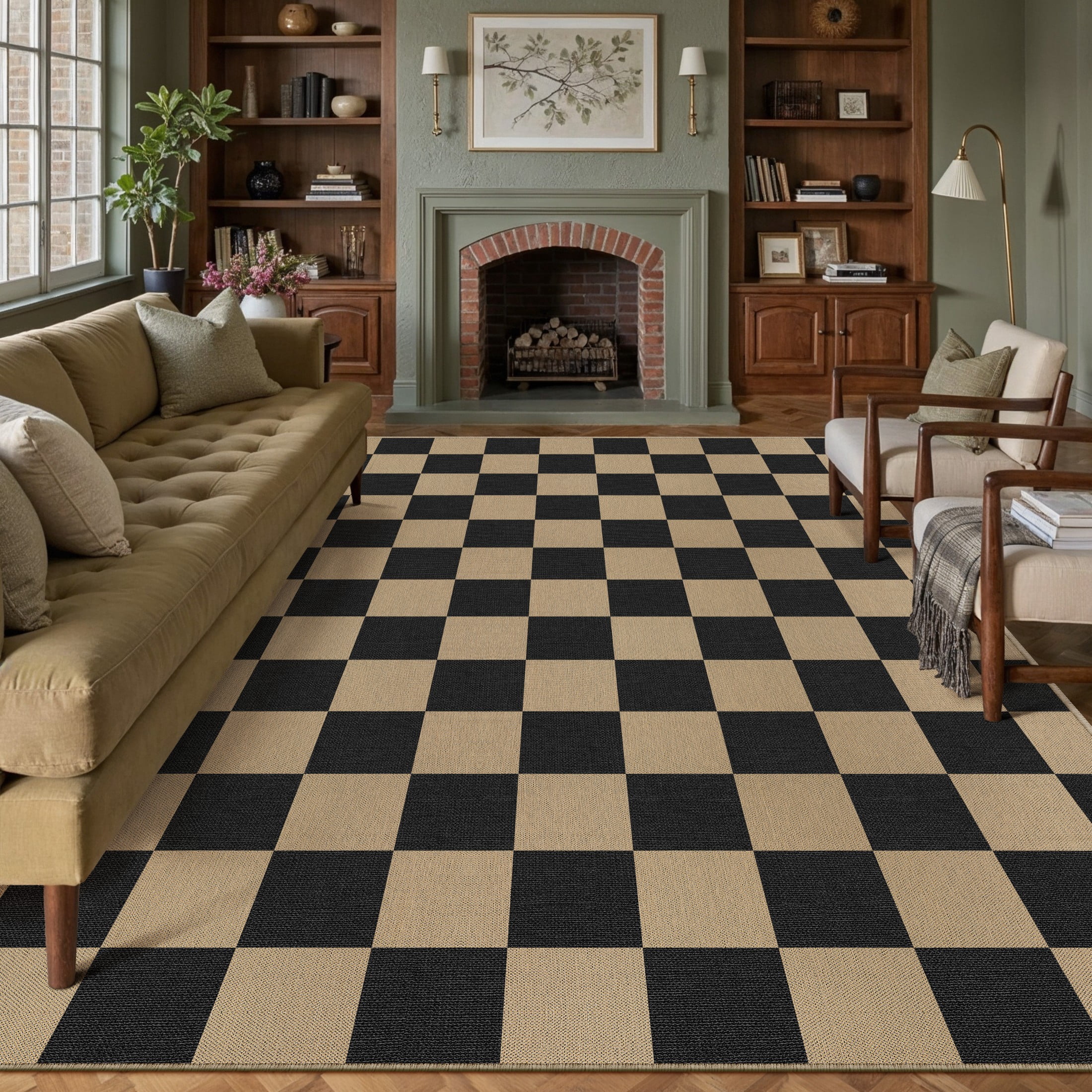 wiponken 8'x10' large checkered easy jute area rugs for living room, washable outdoor patio rugs indoor carpet for farmhouse neutral geometric non slip, black checkered
