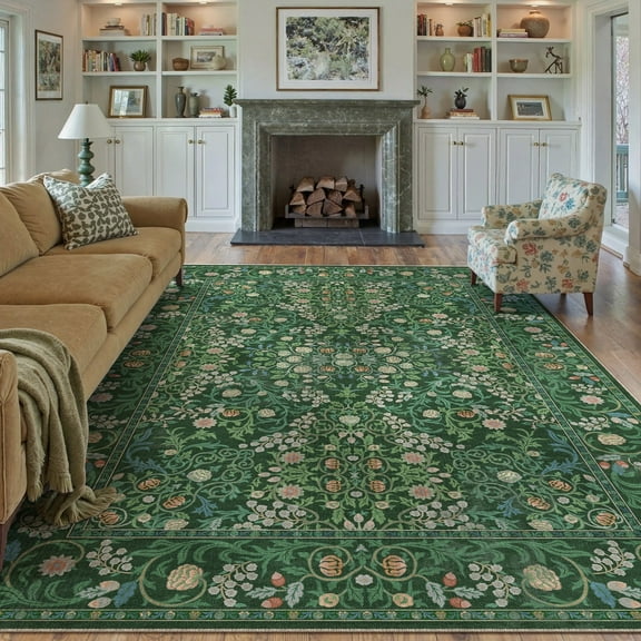 WIPONKEN 8x10 Area Rugs Morris Carpet for Living Room Bedroom Dining Room Office Farmhouse, Machine Washable Non Slip Vintage Persia Rug Green