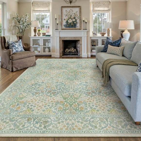 WIPONKEN 8x10 Area Rugs Morris Carpet for Living Room Bedroom Dining Room Office Farmhouse, Machine Washable Non Slip Vintage Persia Rug Blue