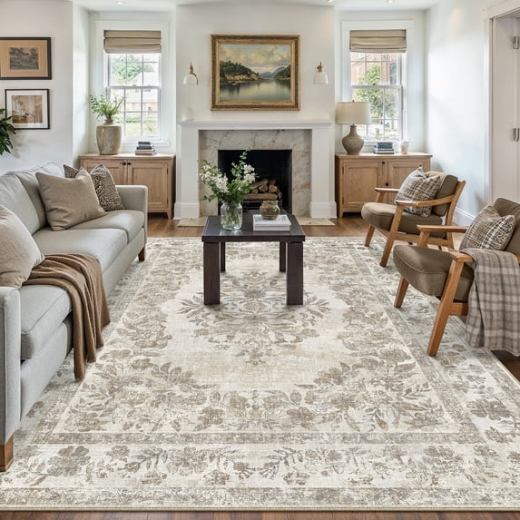 WIPONKEN 8x10 Area Rugs for Living Room Bedroom Dining Room Office Farmhouse, Machine Washable Non Slip Vintage Persia Rug Beige