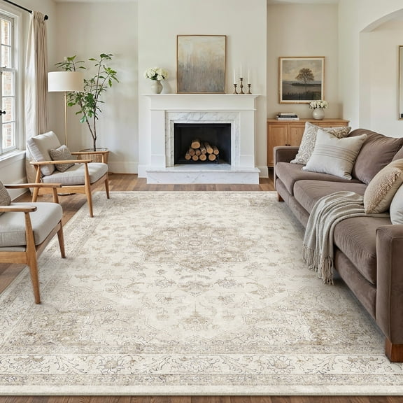 WIPONKEN 8x10 Area Rugs for Living Room Bedroom Dining Room Office Farmhouse, Machine Washable Non Slip Vintage Persia Rug Beige