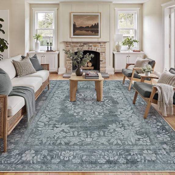 WIPONKEN 8x10 Area Rugs for Living Room Bedroom Dining Room Office Farmhouse, Machine Washable Non Slip Vintage Persia Rug Gray
