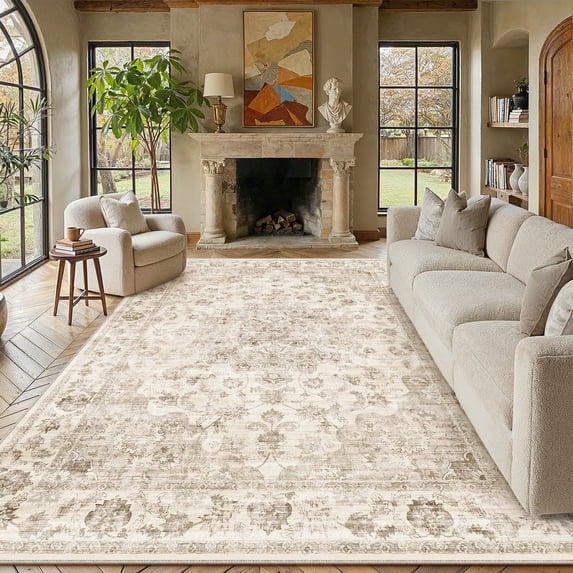 WIPONKEN 8x10 Area Rugs for Living Room Bedroom Dining Room Office Farmhouse, Machine Washable Non Slip Vintage Persia Rug Beige