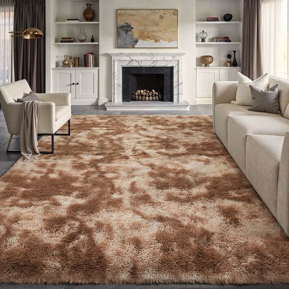 WIPONKEN 8x10 Shag Area Rugs for Living Room Bedroom Dining Room Office Farmhouse, Plush Indoor Decorative Long-haired Carpet, Light Brown