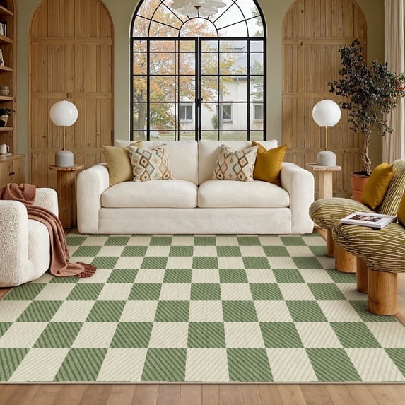 WIPONKEN 9'x12' Large Area Rugs for Living Room Bedroom Office Green Checkered Modern Non Slip Washable Geometric Contemporary Farmhouse Dining Room Rugs