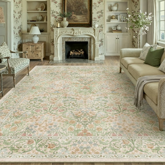 WIPONKEN 9x12 Area Rugs Morris Carpet for Living Room Bedroom Dining Room Office Farmhouse, Machine Washable Non Slip Vintage Persia Rug Green