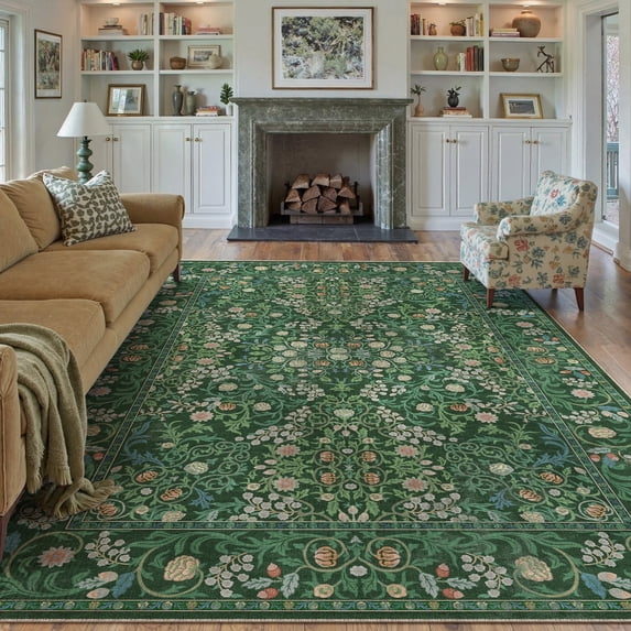 WIPONKEN 9x12 Large Area Rugs Morris Carpet for Living Room Bedroom Dining Room Office Farmhouse Floral Machine Washable Non Slip Classic Vintage Persia Rug On Clearance, Green