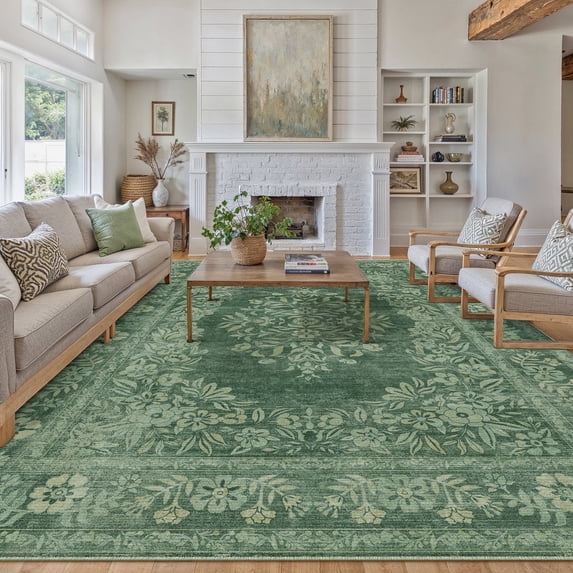 WIPONKEN 9x12 Area Rugs for Living Room Bedroom Dining Room Office Farmhouse, Machine Washable Non Slip Vintage Persia Rug Green