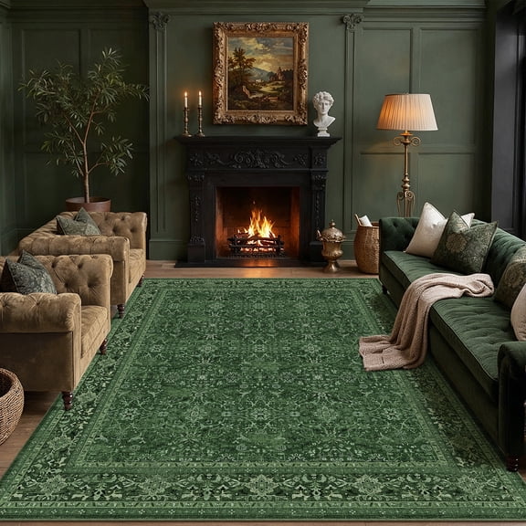 WIPONKEN 9x12 Area Rugs for Living Room Bedroom Dining Room Office Farmhouse, Machine Washable Non Slip Vintage Persia Rug Green