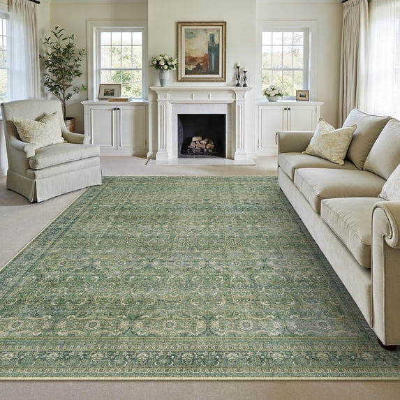 WIPONKEN 9x12 Large Area Rugs for Living Room Bedroom Dining Room Office Traditional Oriental Machine Washable Non Slip Farmhouse Vintage Persia Rug On Clearance, Green