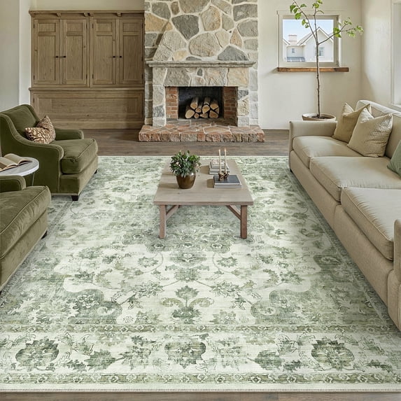 WIPONKEN 9x12 Area Rugs for Living Room Bedroom Dining Room Office Farmhouse, Machine Washable Non Slip Vintage Persia Rug Green
