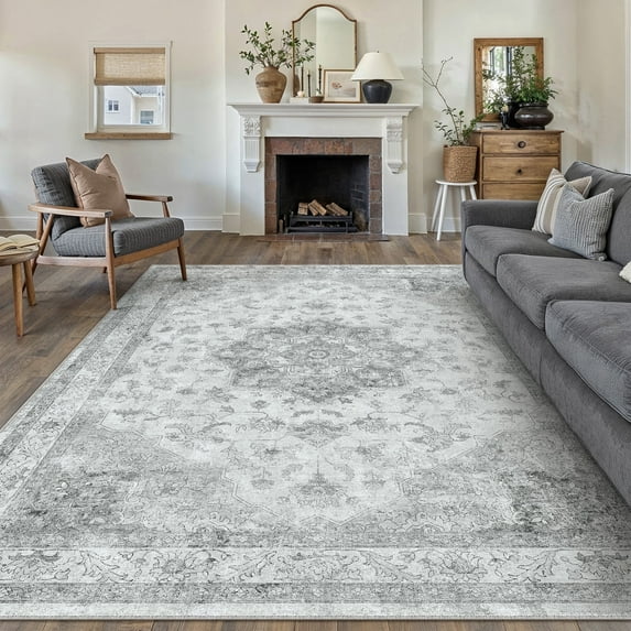 WIPONKEN 9x12 Area Rugs for Living Room Bedroom Dining Room Office Farmhouse, Machine Washable Non Slip Vintage Persia Rug Gray