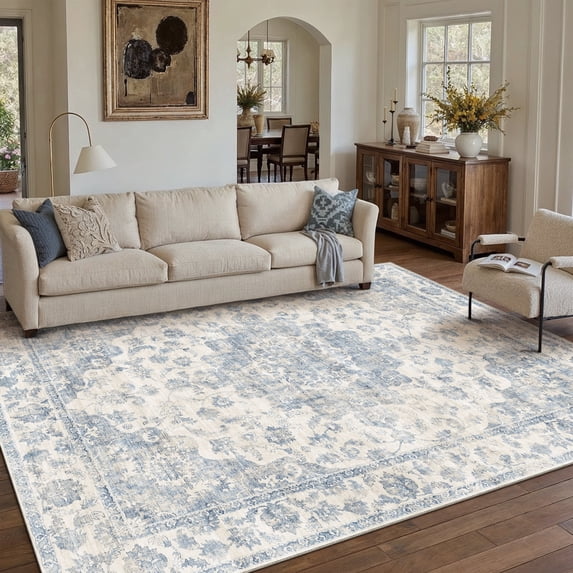 WIPONKEN 9x12 Area Rugs for Living Room Bedroom Dining Room Office Farmhouse, Machine Washable Non Slip Vintage Persia Rug Blue