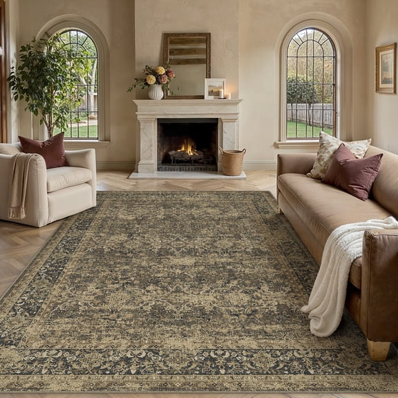 WIPONKEN 9x12 Area Rugs for Living Room Bedroom Dining Room Office Farmhouse, Machine Washable Non Slip Vintage Persia Rug Brown