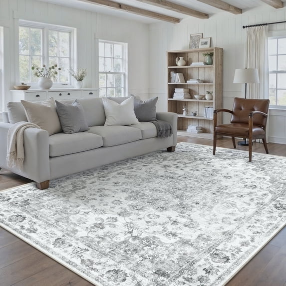 WIPONKEN 9x12 Area Rugs for Living Room Bedroom Dining Room Office Farmhouse, Machine Washable Non Slip Vintage Persia Rug Gray