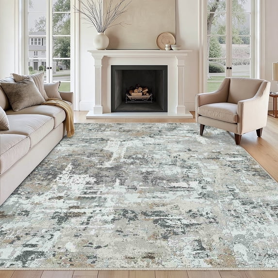 WIPONKEN 9x12 Large Area Rug for Living Room and Bedroom, Washable Modern Abstract Low-Pile Mat with Non-Slip Backing