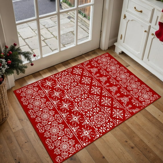 WIPONKEN Bohemian 2x3 Christmas Rug，Soft Indoor Floor Carpet, Non-Slip Modern Holiday Decor for Living Room Bedroom,Red Festive Accent
