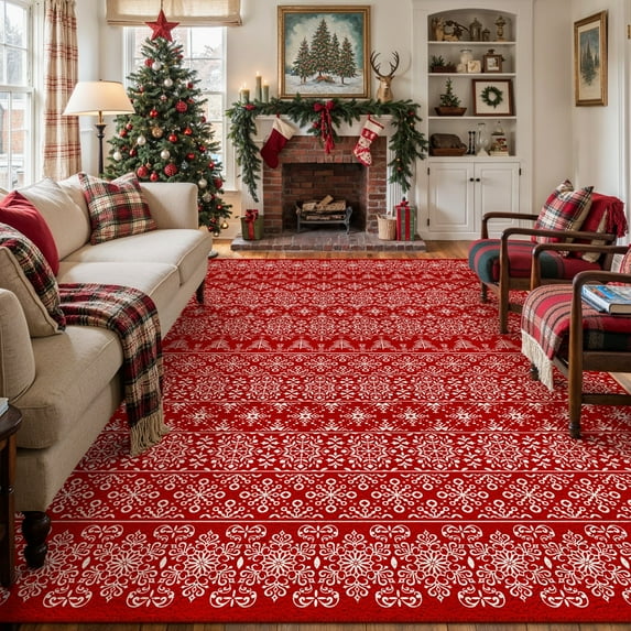 WIPONKEN Bohemian 3x5 Christmas Rug,Soft Indoor Floor Carpet, Non-Slip Modern Holiday Decor for Living Room Bedroom,Red Festive Accent