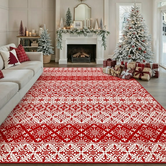 WIPONKEN Bohemian 5x7 Christmas Rug，Soft Indoor Floor Carpet, Non-Slip Modern Holiday Decor for Living Room Bedroom,Red Festive Accent