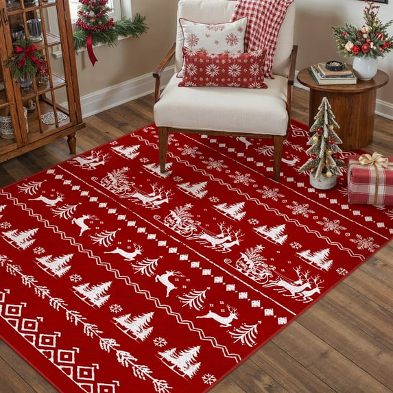 WIPONKEN Bohemian 5x7 Christmas Rug,Soft Indoor Floor Carpet, Non-Slip Modern Holiday Decor for Living Room Bedroom,Red Festive Accent