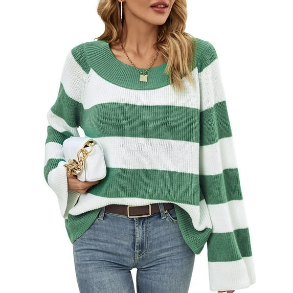WIPONKEN Oversized Sweaters Off the Shoulder Sweaters for Women Knit Sweaters Tops Green Striped Sweaters Crew Neck Pullover Sweaters Tops
