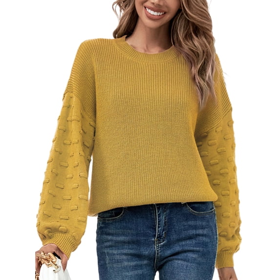 WIPONKEN Yellow Oversized Sweaters Cute Sweaters for Women Holiday Sweaters Puff Sleeve Pullover Sweaters Womens Crew Neck Sweaters