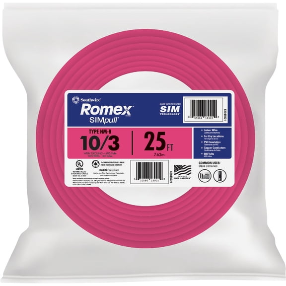 Southwire Romex 10/3 NM-WG Wire - Solid Copper, Orange, Non-Metallic - 25 Ft  Indoor & Outdoor Use, NEC-Compliant