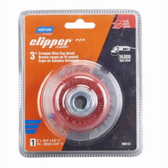 Norton 2027345 3 in. Clipper Crimped Wire Cup Brush - Carbon Steel 14000 rpm