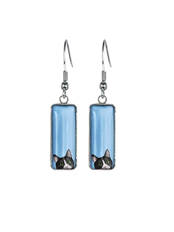1 Pair/Set Animal Black White Tuxedo Cat Stainless Steel + Glass Rectangle Drop Earring Fashion Jewelry Drop Dangle Hook Earrings for Women